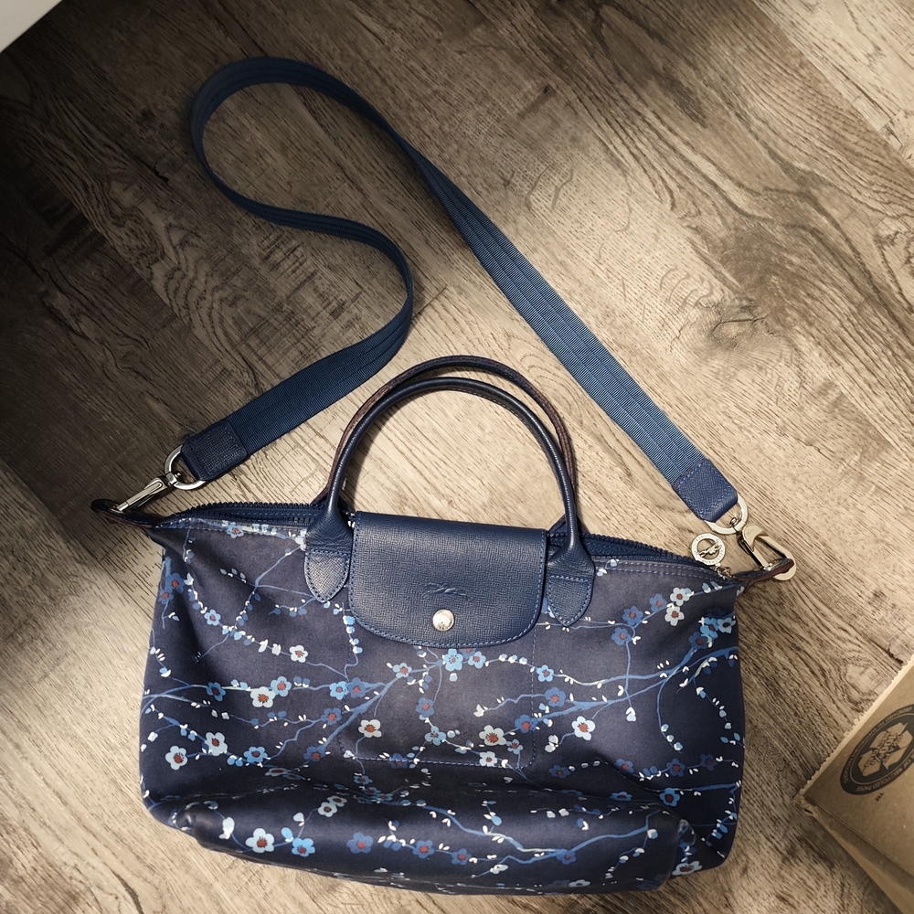 Longchamp Navy Floral Shoulder Bag